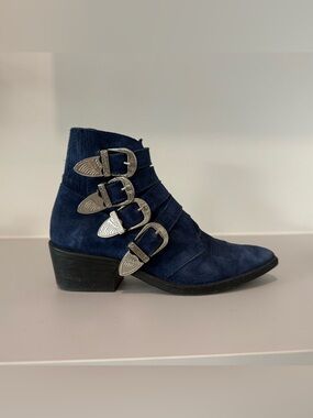 TOGA Pulla Navy Suede Ankle Boots with Silver Buckle Straps